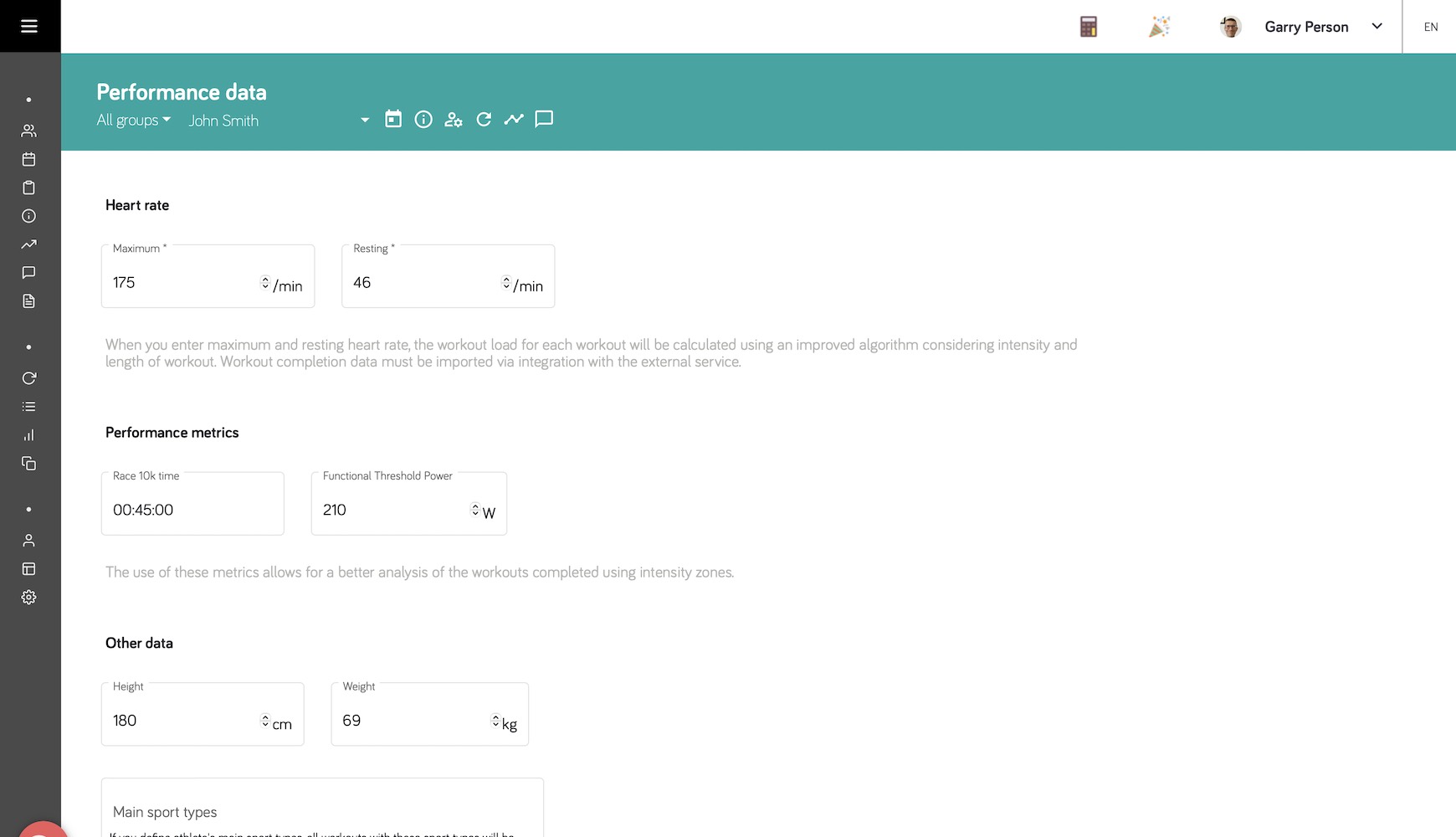 Athlete performance data screen