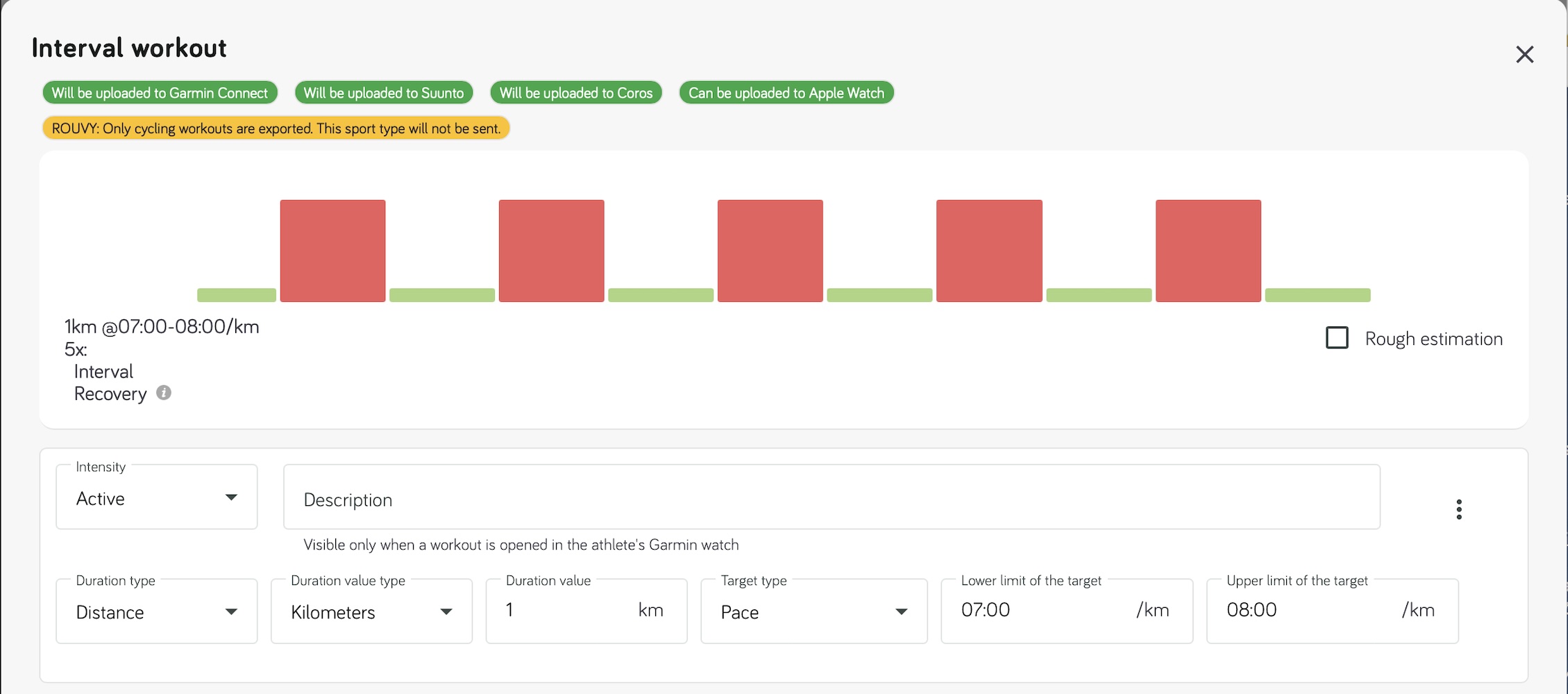Upload labels and a ROUVY sport type warning in the interval workout editor