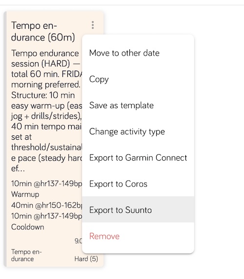 Export options in the workout menu