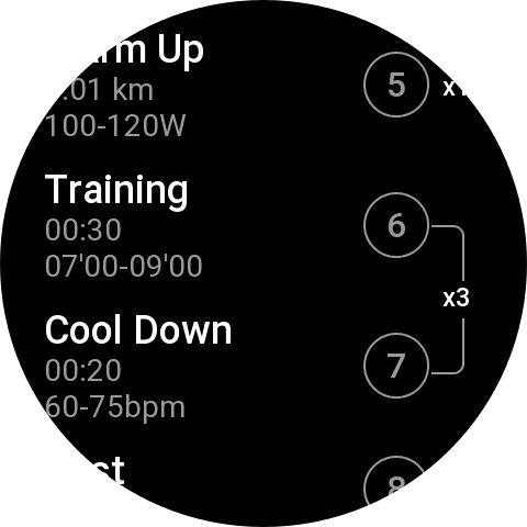 Steps of the exported workout on an Amazfit watch