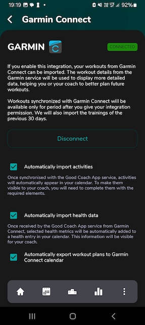 Garmin integration settings