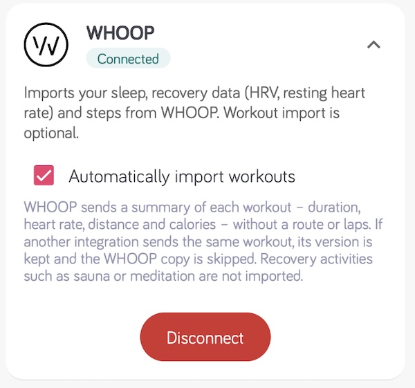WHOOP card on the Integrations page