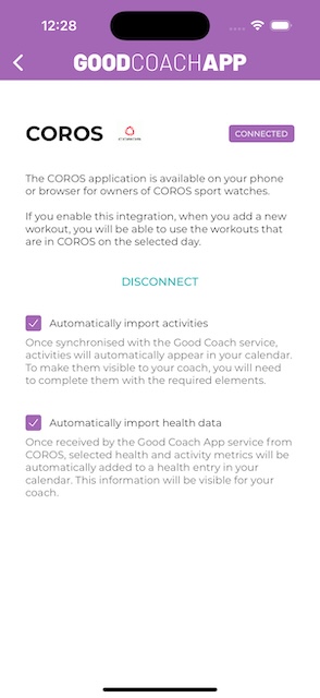 Coros integrations settings