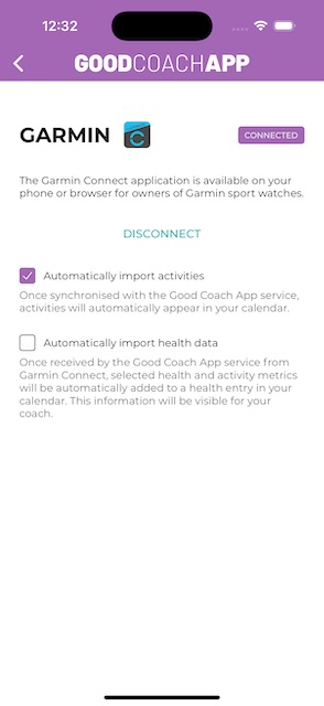 Garmin integration settings