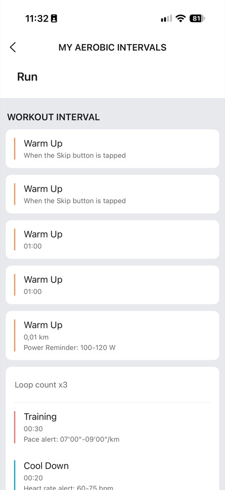 Steps of an exported workout in the Zepp app