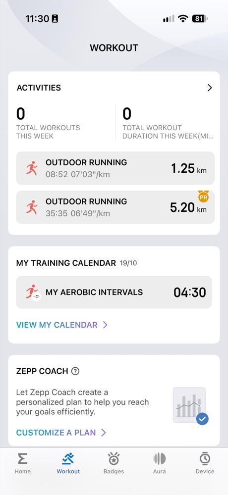 Workout tab in the Zepp app with the workout in My training calendar