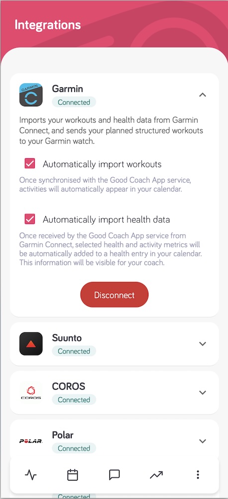Integrations page in the mobile app