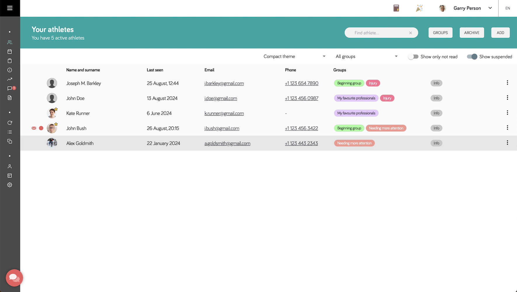 Pantalla de lista de deportistas