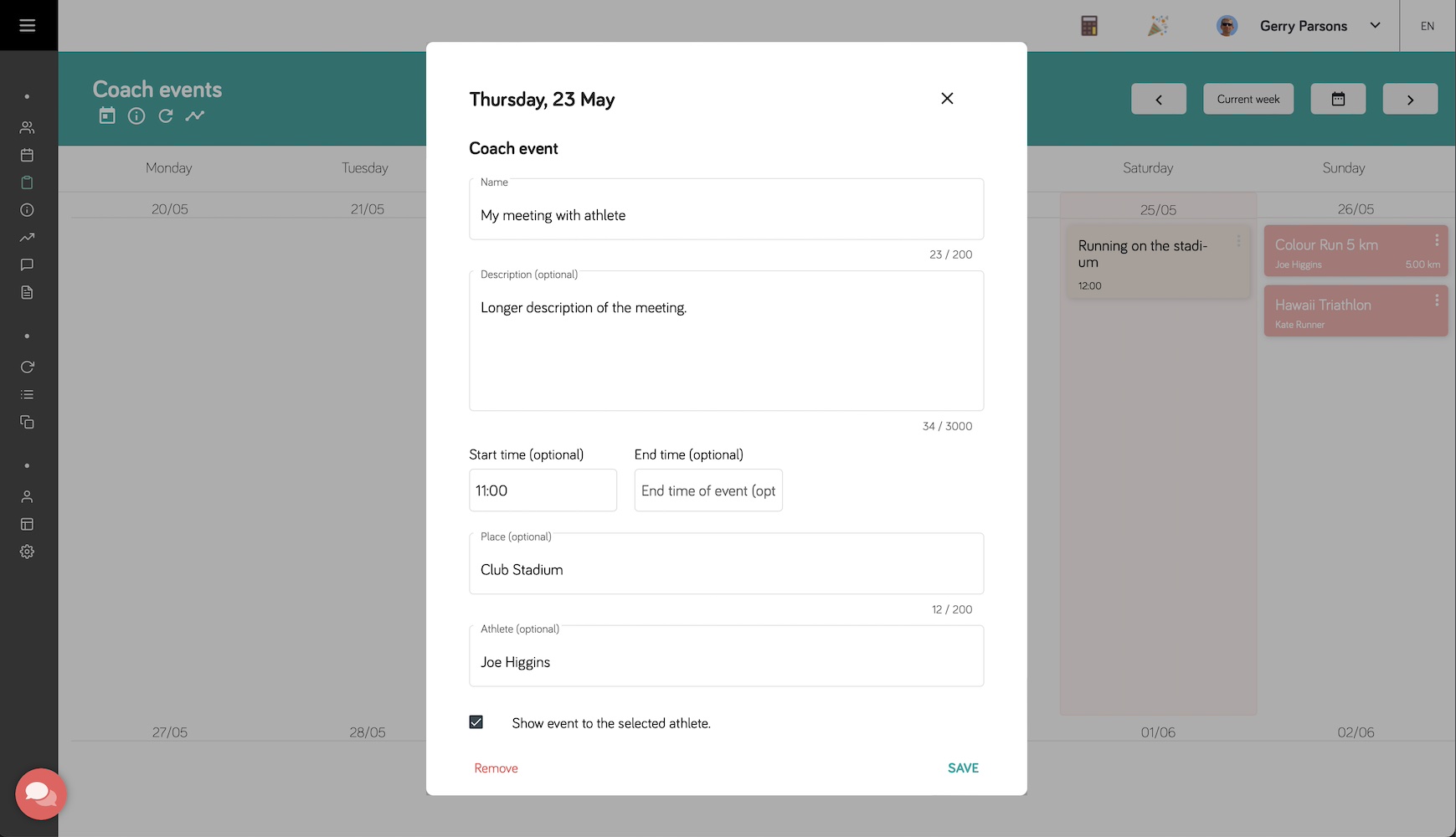 Añadir y actualizar evento del entrenador