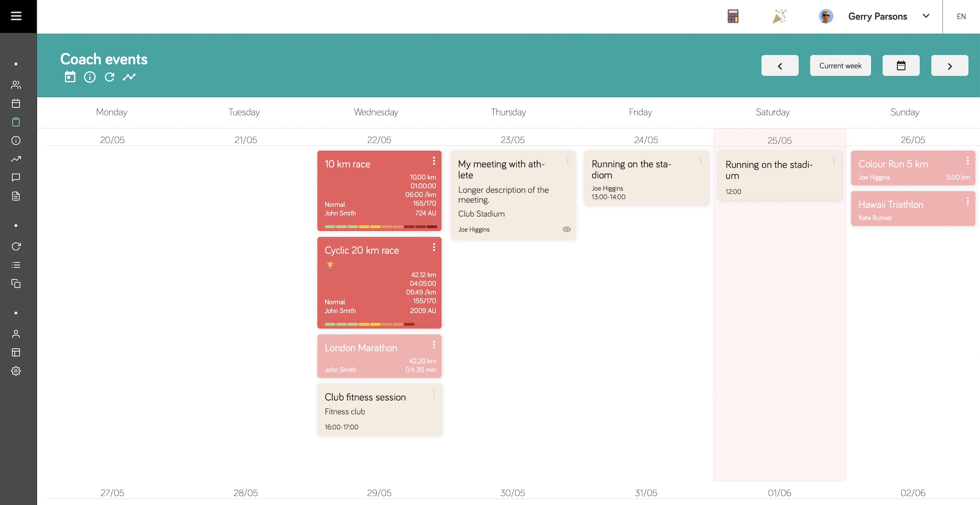 Pantalla de eventos del entrenador