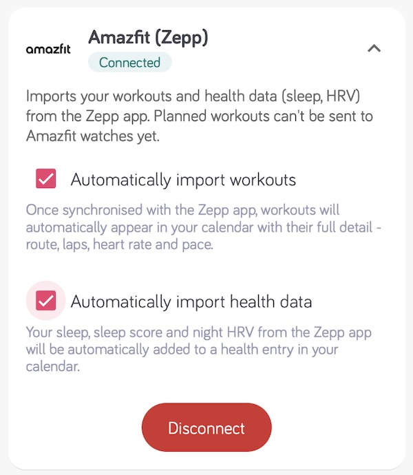 Tarjeta de Amazfit (Zepp) en la página de Integraciones
