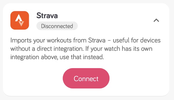 Tarjeta de Strava en la página de Integraciones