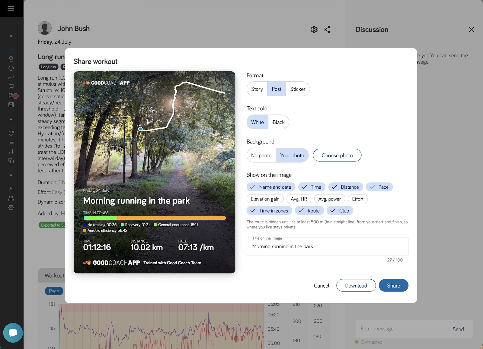 El cuadro para compartir un entrenamiento: una publicación con tu foto, el tiempo en zonas y la ruta