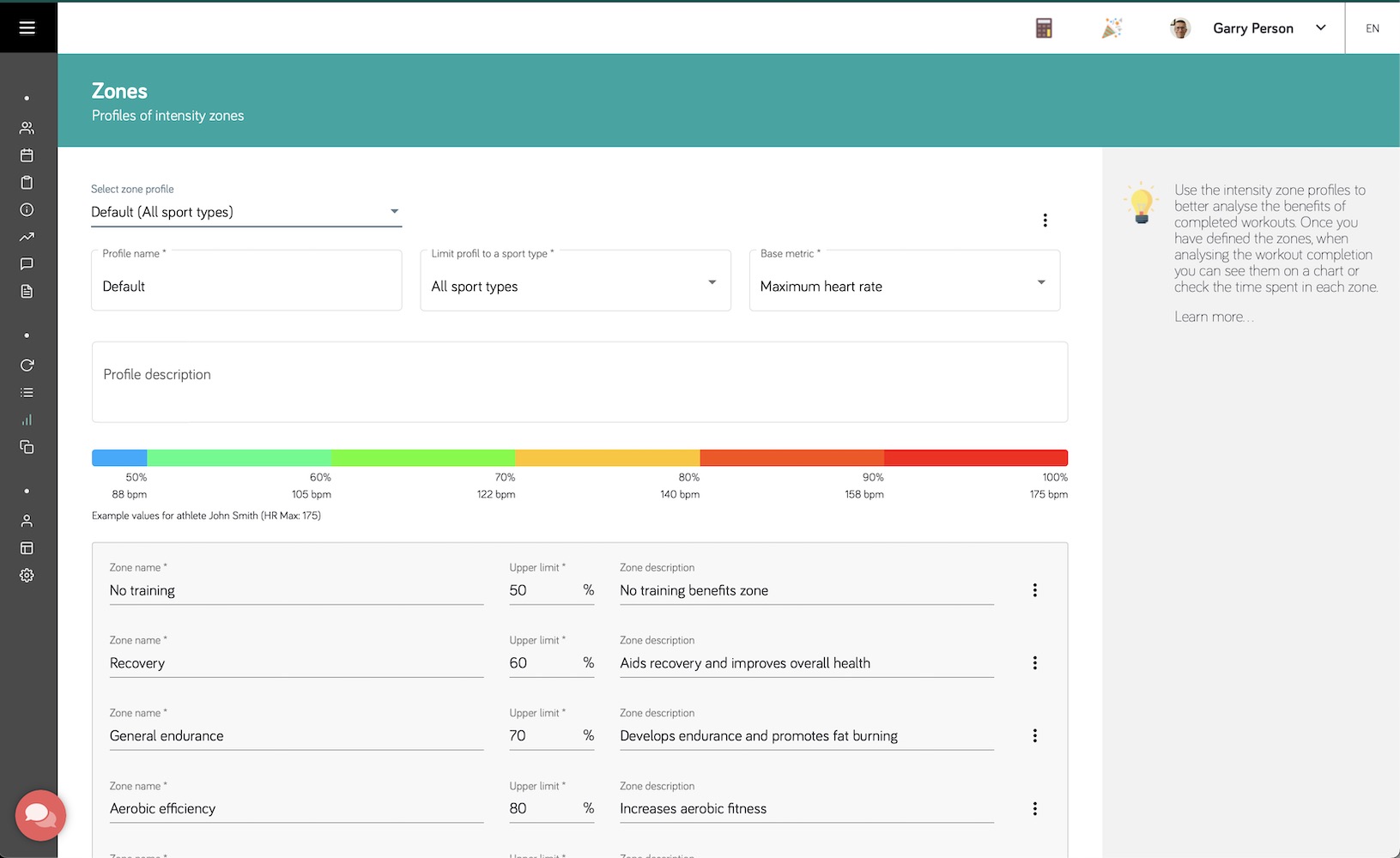 Pantalla de perfil de zonas de intensidad