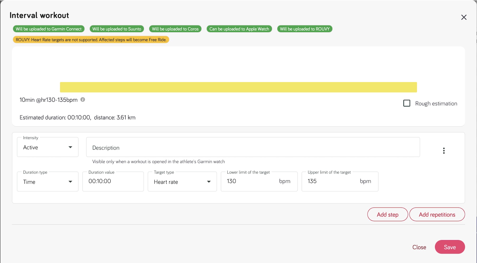 A ROUVY heart rate target warning in the interval workout editor