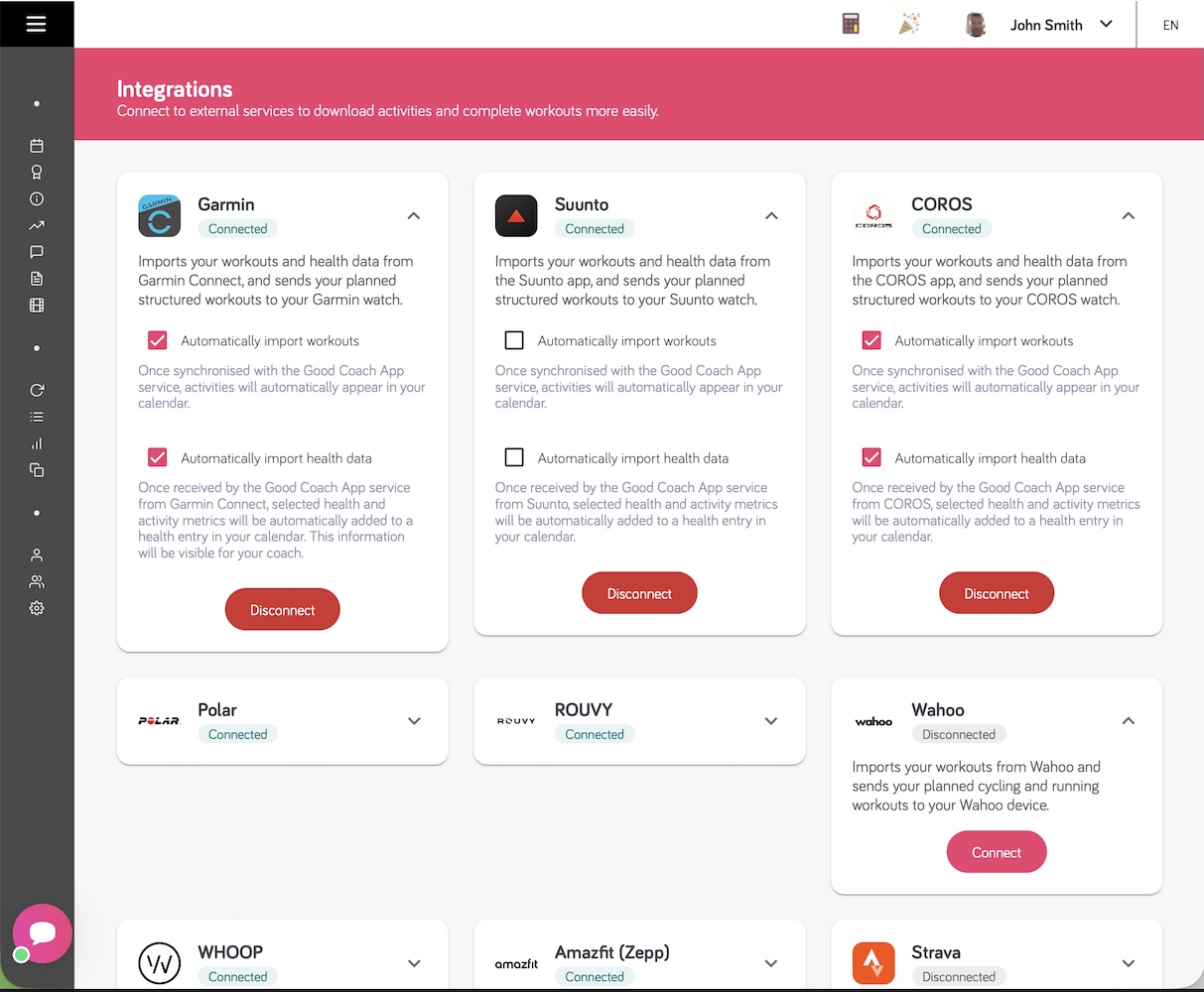 Integrations page in the browser app